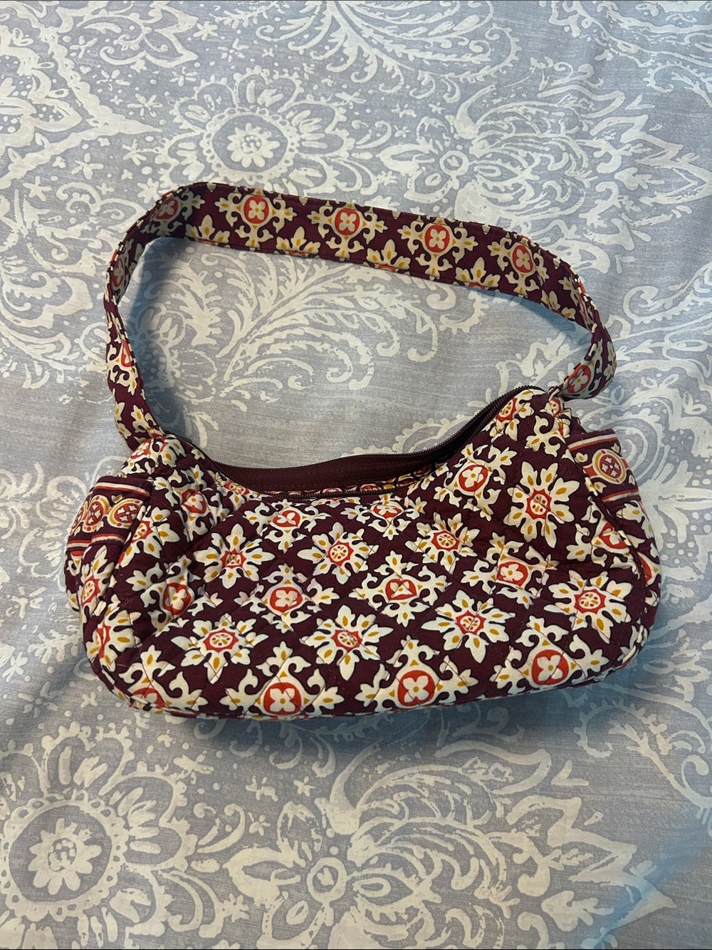 Vera Bradley Quilted Shoulder Bag in Maroon with Cream and Orange Accents